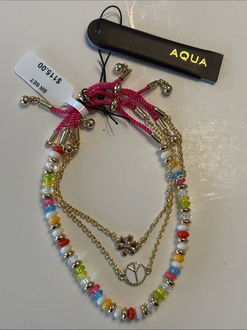 Aqua Charm & Bead Cord Slider Bracelet Set